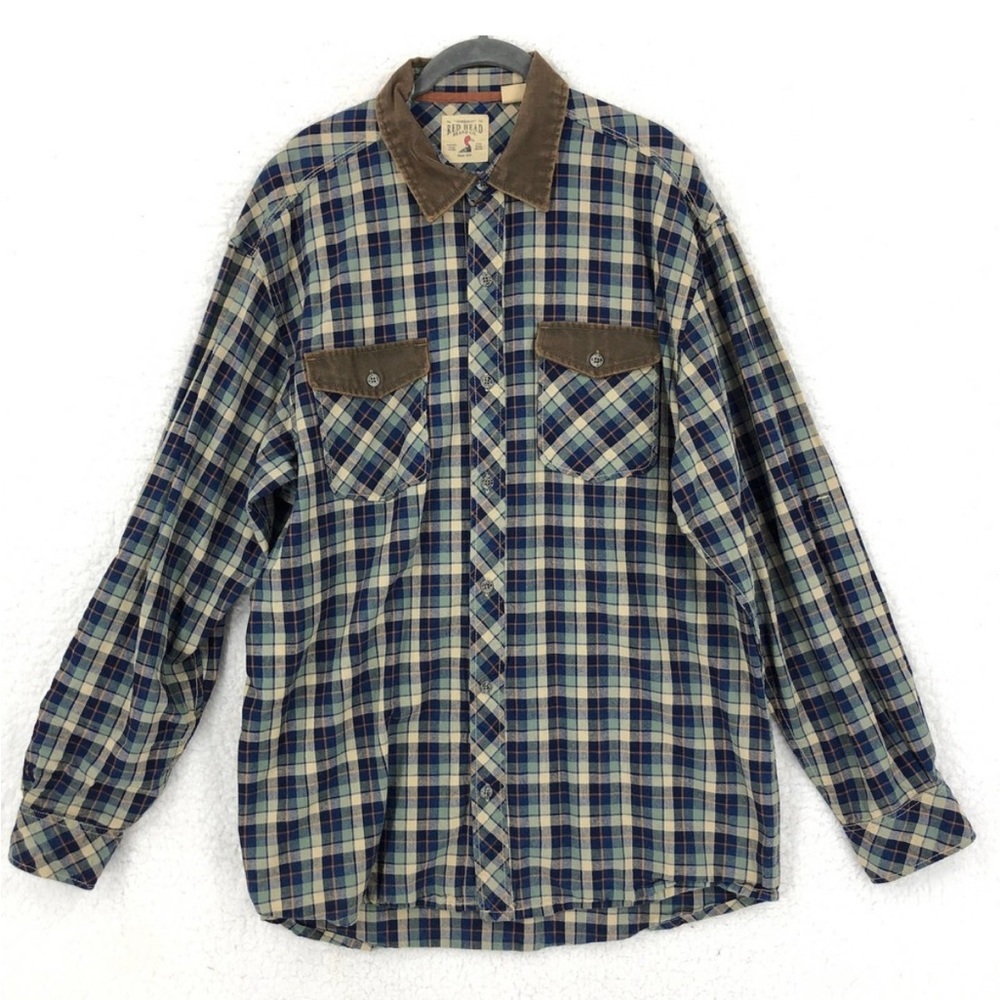 RedHead Mens Western Shirt L Brown Blue Plaid Button Up Roll Tab Sleeve …